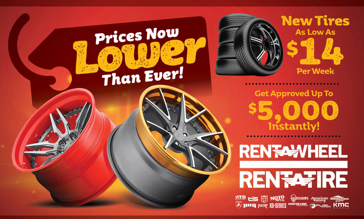 Direct mail piece creative for new lower priced wheels & tires for Rent-A-Wheel stores.