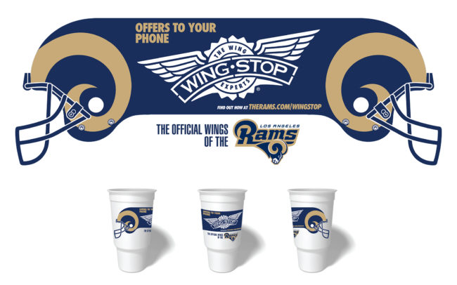 Custom Branded packaging including cups and bags for Wingstop franchisees with the Los Angeles Rams football team