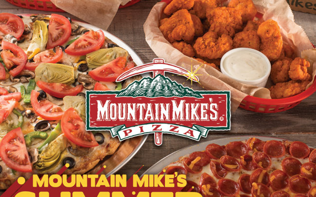 Mountain Mike's Pizza box-topper front printed creative for promotion with Six Flags Discovery Kingdom in Vallejo, Ca.